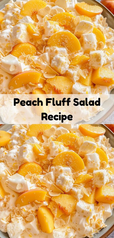 Sweet and creamy Peach Fluff Salad, perfect for any occasion. Easy and delicious! Peach Fluff, Peach Salad Recipes, Dessert Salad Recipes, Peach Jello, Fluff Salad Recipes, Easy Fruit Salad Recipes, Fluff Salad, Homemade Chocolate Pudding, Jello Dessert Recipes