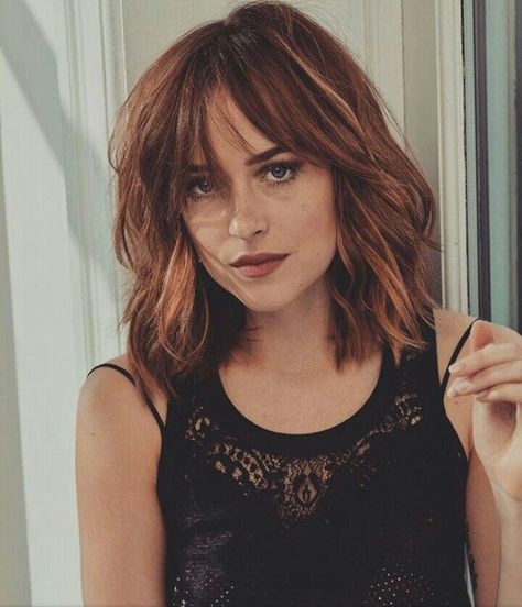 Dakota Johnson Hair, Brunette Bangs, Nick Bateman, Eddie Redmayne, How To Style Bangs, Wispy Bangs, Long Bob Hairstyles, Short Haircut, Christian Grey