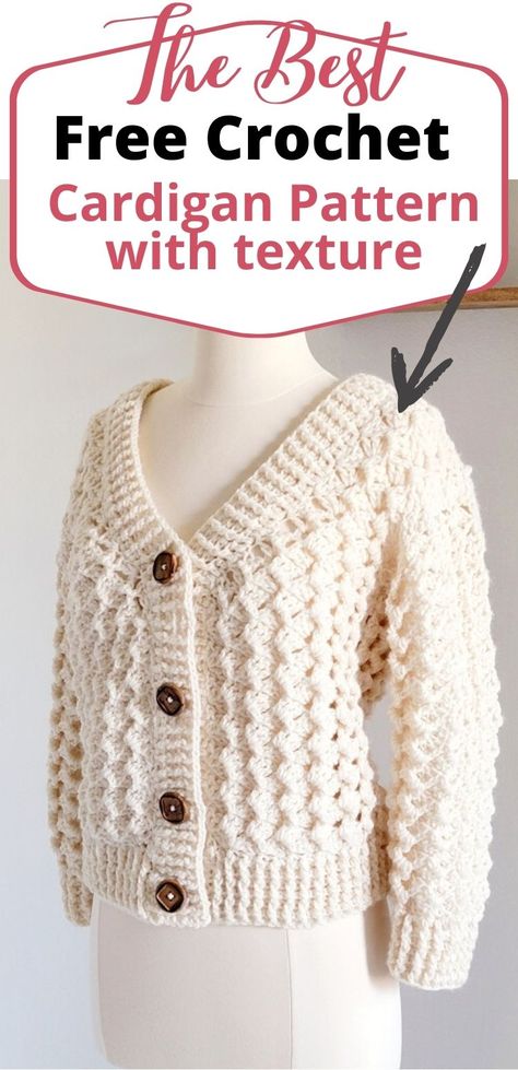 This free crochet cropped cardigan pattern for women includes plus sizes too. It looks chunky but is made from worsted weight yarn. The project has easy shaping and even beginners can make it. Chunky Yarn Crochet Cardigan Pattern Free, Crochet Cardigan Pattern Plus Size, Crochet Cardigan Pattern Free Women Plus Size, Crochet Womens Clothes, Crochet Chunky Cardigan Pattern Free, Crochet Tops Free Patterns Plus Size, Chunky Cardigan Crochet Pattern, Crochet Womens Sweater Pattern Free, Free Crochet Vest Patterns For Women