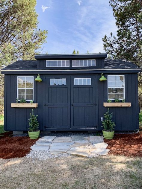 One Room Challenge - Modern Rustic Office - The Reveal Garden Shed Workshop, Modern Shed Ideas, Dark Shed, Modern She Shed, Modern Shed Design, Finished Shed, Modern Rustic Office, 12x16 Shed, Dark Accent Walls