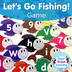 Let's Go Fishing! Game for upper case, lower case and numbers {FREE Resource} | Super Simple Songs Fishing For Letters, Fishing For Letters Alphabet Game, Fish Matching Game Free Printable, Free Nursery Rhymes, Sight Word Fishing Game, Sight Word Fishing, Free Games For Kids, Super Simple Songs, Alphabet Games