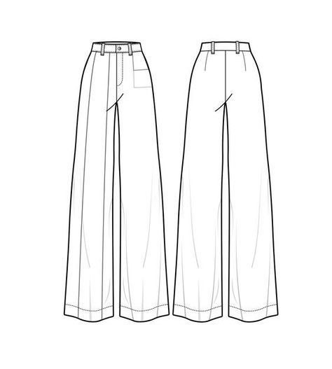 Back Of Pants Drawing, Fashion Flats Template, Baggy Pants Technical Drawing, Trouser Technical Drawing, Trouser Flat Sketch, Trousers Sketch, Trouser Illustration, Pant Flat Sketch, Baggy Pants Design