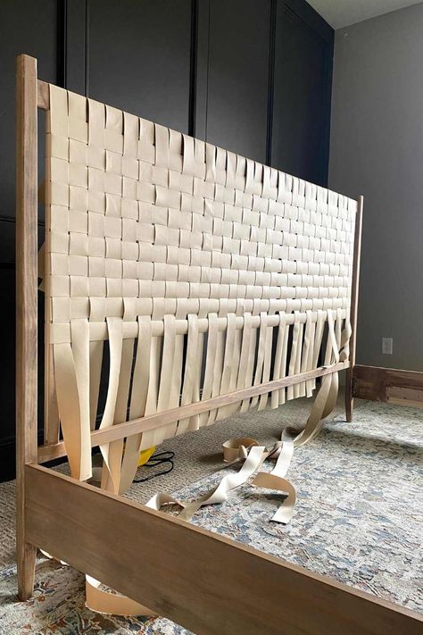 DIY King Woven Leather Bed | Honey Built Home Diy Leather Headboard, Diy King Bed, Diy King Bed Frame, Diy Bed Headboard, Leather Bed Frame, Leather Headboard, Minimalist House, Woven Furniture, Diy Bed Frame