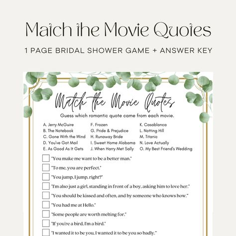 Movie Love Quotes Game, Bridal Shower Games Free Printables, Fun Engagement Party, Coffee Bridal Shower, Bridal Shower Prizes, Green Bridal Showers, Shower Prizes, Wedding Game, Fun Bridal Shower Games