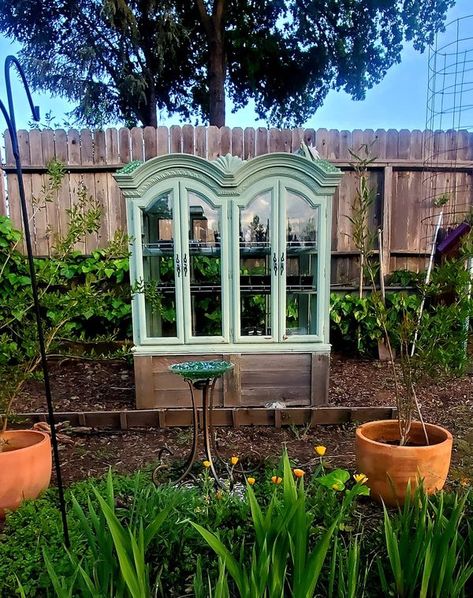 Corner Cabinet Greenhouse, China Cabinet Greenhouse, Greenhouse Staging, Dining Hutch, Hutch Makeover, Outdoor Greenhouse, China Hutch, Upcycle Garden, Bird Baths