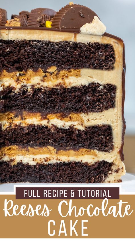 Reese’s Peanut Butter Cake Recipe, Reece’s Peanut Butter Cake, Reese's Birthday Cake, Reeses Peanut Butter Cake Recipe, Cake With Reeses Peanut Butter Cups, Reese’s Chocolate Cake, Reese Cake Birthday, Chocolate Pb Cake, Reeses Cake Ideas