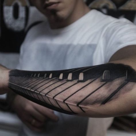 the whole piano keyboard tattoo done in prospective Tattoo Designs Men Forearm, Tato Lengan Bawah, Piano Tattoo, Unique Forearm Tattoos, Key Tattoo, Forearm Sleeve, Music Tattoo Designs, Forearm Sleeve Tattoos, Back Of Shoulder Tattoo