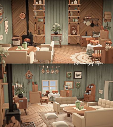 Animal Crossing Cottagecore House Ideas, Acnh Country House Interior, Acnh Farmhouse Ideas, Acnh House Interior Layout, Acnh Sherb House Ideas Interior, Home For A Coffee Lover Acnh, Art Room Animal Crossing, Animal Crossing Interior Design Ideas, Acnh Rooms Ideas