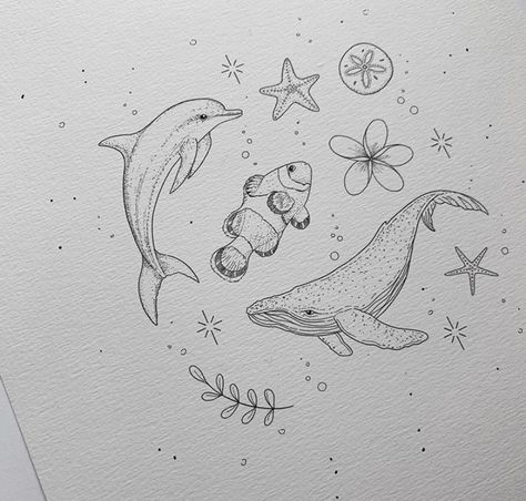 Dolphin Drawing, Starfish Tattoo, Tropical Tattoo, Dolphins Tattoo, Sea Tattoo, Dolphin Art, Whale Tattoos, Ocean Tattoos, Minimalist Tattoos