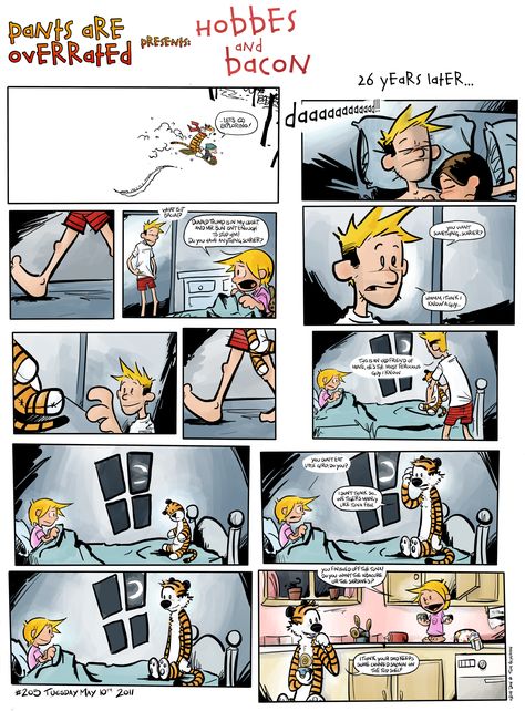 Calvin's grown up. Hobbes isn't. Thankfully, Calvin's little girl, Bacon, is around to keep Hobbes entertained. Hobbes And Bacon, Calvin And Hobbes Comics, Calvin Hobbes, Comic Collection, Shoujo Manga, Calvin And Hobbes, Fun Comics, Cute Comics, Comic Strip