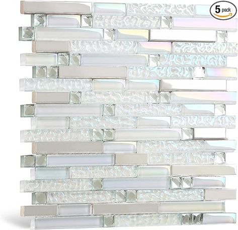 Blujellyfish Glass Metal Tile Iridescent White Glass Silver Mirror Stainless Steel Blends Interlocking Strip Wall Tiles TSTNB01 (Pack of 5 Sheets) - Amazon.com Stainless Steel Tile Backsplash, White Glass Tile, Iridescent Tile, Mosaic Tile Kitchen, Stainless Steel Backsplash, Metal Mosaic Tiles, White Tile Backsplash, Rustic Coastal, Glass Tile Backsplash