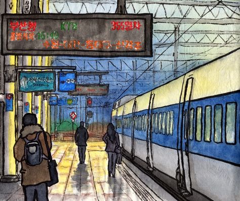 Seoul. KTX train to Busan Comic Scenes Drawing, Train Drawing Side View, Train To Busan Art, Train Scene Drawing, Train Illustration Drawing, Drawing Of Train, Ktx Train, Train Station Drawing, Train Drawings