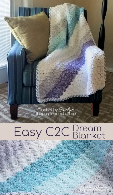 Easy C2C Dream Blanket - Free Crochet Pattern - The Purple Poncho Crochet C2c In Rows, C2c Crochet Throw Blanket, Corner To Corner Blanket Crochet Pattern Free, C2c Afghan Pattern, Rectangle C2c Crochet Blanket, C2c Afghan Pattern Free, Crochet Purple Blanket, Fast Crochet Blanket Pattern Free, C2c Crochet Pattern Free Beginner