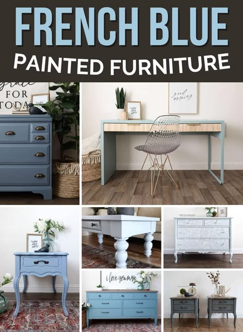 Bring a regal touch to your home with the timeless beauty of french blue painted furniture. French Blue Furniture, French Provincial Nightstand Makeover, Teal Painted Furniture, Provincial Dresser Makeover, French Blue Paint, French Provincial Dresser Makeover, Gray Painted Furniture, Painted Furniture Ideas, Green Painted Furniture