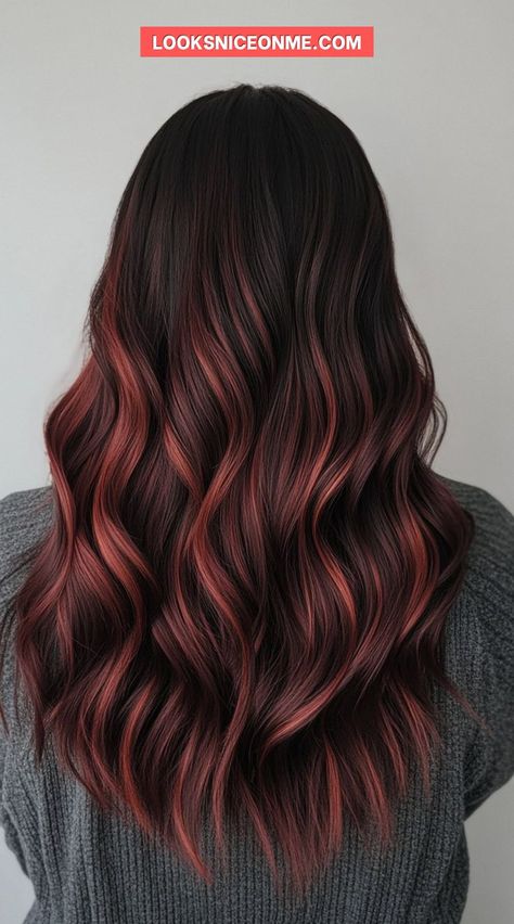 If you're looking for a bold hair transformation, a fiery red copper balayage is the way to go! The vivid mix of copper and red shades will make your hair stand out, adding warmth and personality to your style. #BoldBalayage #RedCopperHairInspo #VibrantHairColors Balayage Hair Brunette With Red, Dark Roots Copper Hair Balayage, Black And Auburn Hair, Black Copper Hair, Ginger Balayage On Brown Hair, Brown Hair With Red And Blonde Highlight, Bayalage Red, Red Copper Balayage, Brown Hair Red Highlights