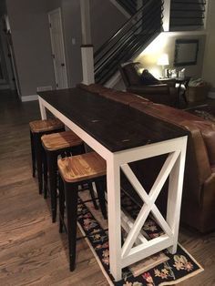 Modern Farmhouse Style Sofa Table- Living Room Console Table with Bar Stool Seating Behind Couch Behind Couch Bar, Bar Table Behind Couch, Bar Table Diy, Table With Stools, Meja Sofa, Table Behind Couch, Behind Couch, House Updates, Bar Tables