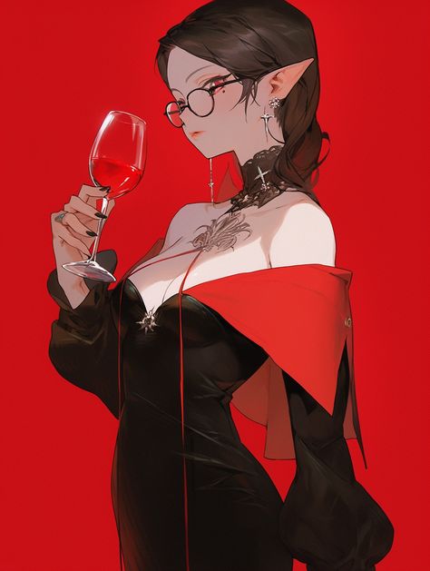 Vampire lady in red dress, wine glass, french braid, brown hair, glasses, --style expressive --niji 5 Vampire Princess Dress, Holding Wine Glass Pose Drawing, Wine Glass Poses, Vampire Lady Art, Red Vampire Dress, Wine Poses, Vampire Ladies, Feral Vampire, Brown Hair Glasses