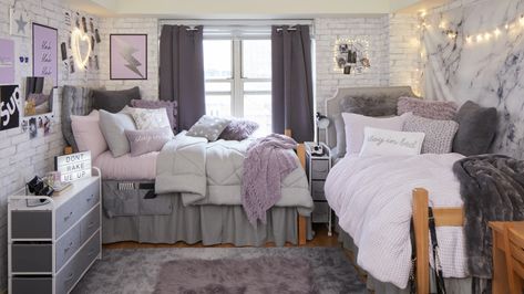 Solo Esthetician Room, Solo Esthetician, Purple Dorm Rooms, Room Modern Bedroom, Purple Dorm, White Dorm Room, Dorm Room Themes, Dorm Room Decor Ideas, College Bedroom Decor