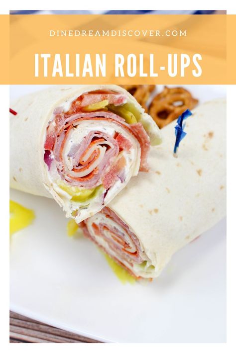 These Italian roll-ups aka tortilla roll-ups, ham pinwheels, or appetizer roll-ups, they are so easy to make and make a great lunch or appetizer. Use your favorite ham, salami, turkey, pepperoni and cheeses to make these your own.   #DineDreamDiscover #EasyEverydayRecipes #LifeInTheRV #LifeThroughTheLense #yummy #foodblogger #delicious #lunch #Appetizer #food #recipes #tasty #recipe #foodporn #foodie #cooking #yum #foodlover #chef #love #homemade #JustPlumCrazy #RV #FullTimeRV Ham Pinwheels, Italian Ham, Italian Rolls, Wraps Recipes Easy, Bread Pull Apart Recipes, Roll Ups Recipes, Turkey Pepperoni, Italian Meats, Pinwheel Recipes