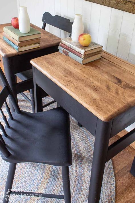 Are you looking for a way to refurbish an antique Heywood Wakefield school desk that is badly damaged? Then, you're going to love this transformation! #heywoodwakefield #paintedfurniture #furnituremakeover #mmsmilkpaint Repurposed School Desk, Painting Old School Desk, Upcycle School Desk, Wooden Desk Makeover Diy, School Desk Makeover Diy, Antique School Desk Ideas, Old School Desk Ideas, Old School Desk Repurpose, Old School Desk Makeover