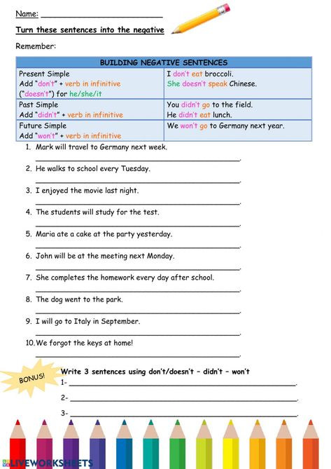 Negative Sentences Worksheets, Affirmative And Negative Sentences, Negative Sentences, Degrees Of Comparison, Sentences Worksheet, Kinds Of Sentences, Presente Simple, Sentence Activities, Teaching Esl