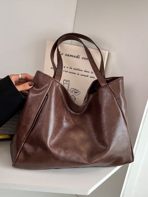 Coffee Brown Elegant   PU Leather Plain Shoulder Tote Bag Embellished   Women Bags Leather Bag For School, Brown Leather Bag Aesthetic, Everyday Bag Aesthetic, Brown Leather Bag Outfit, Big Bag Outfit, Leather Bag Aesthetic, Thrift Bags, Big Bags For Women, Brown Bag Outfit