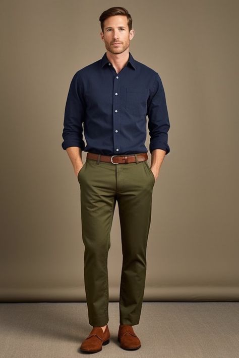 Navy Blue Button-Down Shirt and Forest Green Pants Green Casual Pants Outfit, Green Pant Outfits Men, Men Olive Green Pants Outfit, Blue Pants Men Outfit, Dark Green Chinos Outfit Men, Navy Dress Pants Outfit Mens, Dark Olive Green Outfit, Dark Green Pants Outfit Men, Mens Green Pants Outfit