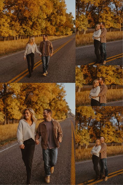 Fall Color Engagement Pictures, Engagement Photo Outfits For Men Fall, Engament Picture Outfits Fall, Engagement Photos Inspo Fall, Fall Foliage Engagement Pictures, Engagement Photos Midsize, Colorado Fall Engagement Pictures, Fall Leaves Engagement Photos, Fall Engagement Shoot Outfits