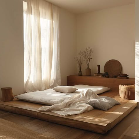 Minimalist Zen House Design Trends for Modern Tranquil Living • 333+ Images • [ArtFacade] Plain Room Decor Ideas, Japandi Design Bedroom, Two Floor Bed, Zen Interior Design Bedroom, Japan Minimalist House, Tatami Mat Bedroom, Minimalist Zen Interior, Bed Next To Window, Extreme Minimalist Home