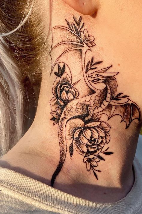 Japanese Neck Tattoo Ideas: 20 Elegant Designs To Explore Dragon Tattoo Neck Men, Neck Tattoos Women Dragon, Dragon Neck Tattoo For Women, Dragon Throat Tattoo, Women Neck Tattoo Ideas Side, Neck Dragon Tattoo, Feminine Neck Tattoos For Women, Women’s Neck Tattoos, Side Of Neck Tattoos Women