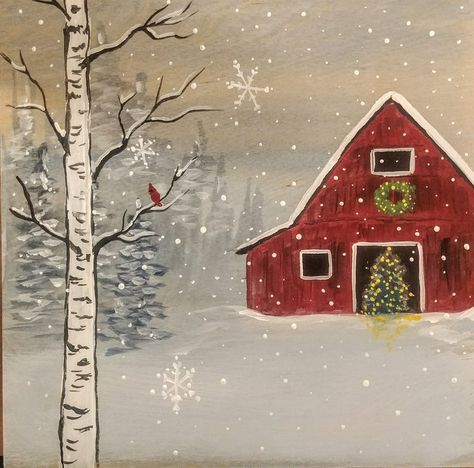 Holiday Barn on Birch Panel - Etsy Red Barn Painting, Canvas For Painting, Themed Paintings, Barn Painting, Barn Art, Painting Snow, Live Painting, Winter Painting, Snow Scenes