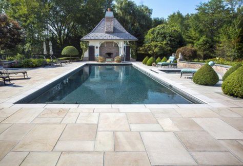 Barn Porch Ideas, Nantucket Exterior, Modern French Chateau, Stone Pool Deck, Pool 2023, Pool Lanai, Pool Surround, Flagstone Pavers, Patio Driveway