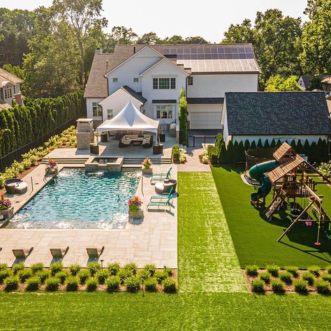 Big Yard With Pool, Olympic Pool Design, Big Backyard With Pool, Large Backyard Ideas, Pool Ideas Backyard, Farmhouse With Pool, Pool Makeover, Patio Garden Ideas, Dream Backyard Garden