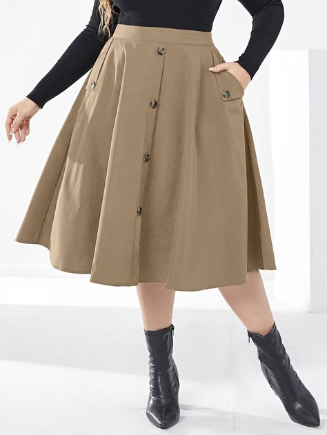 Plus High Waist Fake Button Skirt Aline Skirt Outfit, Khaki Skirt Outfit, Khaki Skirt Outfits, Dark Academia Skirt, Knee Length Circle Skirt, Light Academia Outfit, Apple Shape Fashion, Khaki Skirt, Button Skirt