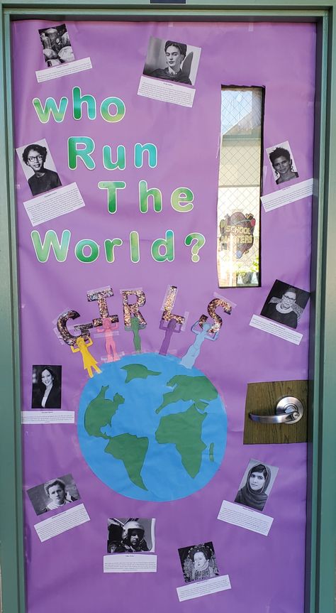 "Who run the world...GIRLS" is a Beyoncé song, that I felt fit perfectly for our classes Women's Her-story month decor. I drew women of different races and sizes in rainbow colors to each hold up a letter spelling "girls" standing on top of the world. Picked some of the many inspirational women from history, and wrote a brief description of their accomplishments. This was a hit with students, staff, and admin. Women’s Month Door Decoration, Womens History Door Decoration, Women History Month Door Decorations, Beyonce Bulletin Board, Women History Month Bulletin Board Ideas, Women’s Month Bulletin Board, Woman’s History Month Bulletin Board, Womens Month Bulletin Board, Women’s History Month Door Decoration