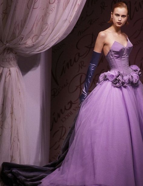 (Nina Ricci HC RTW 1996) Nina Ricci 90s, Nina Ricci Runway, Fairytale Grunge, Purple Runway, Old Hollywood Prom, Nina Ricci Dress, Purple Planet, Dress And Gloves, Virtual Outfits