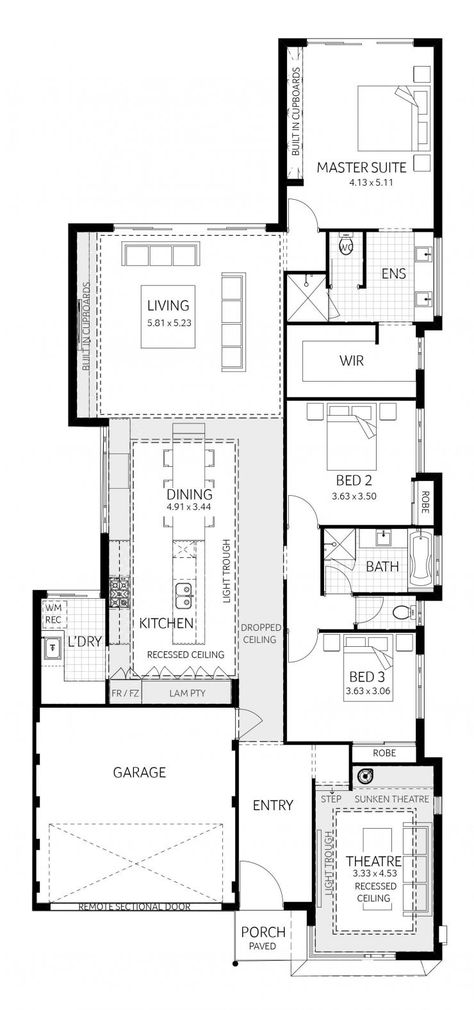 Floor Plan 1 Story, House Plans With Attached Garage, Long Narrow House Plans, Long Narrow House, Narrow House Plans, Home Design Floor Plans, Narrow House, House Blueprints, Bedroom House Plans