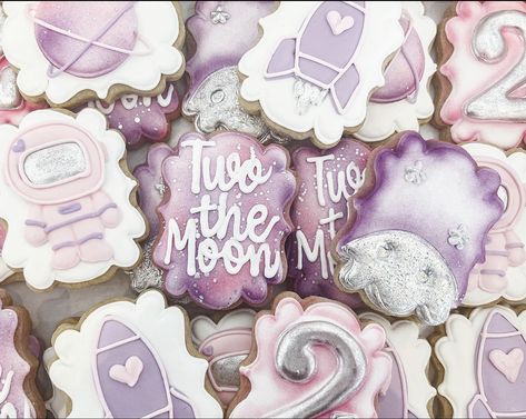 Sparkling Birthday Party Ideas, Two The Moon Cookies, Girly Space Party, Love You Two The Moon Party, Astronaut Birthday Party Ideas, Girly Space Birthday Party, Two The Moon Cookies Girl, Planet Birthday, Moon Cookies