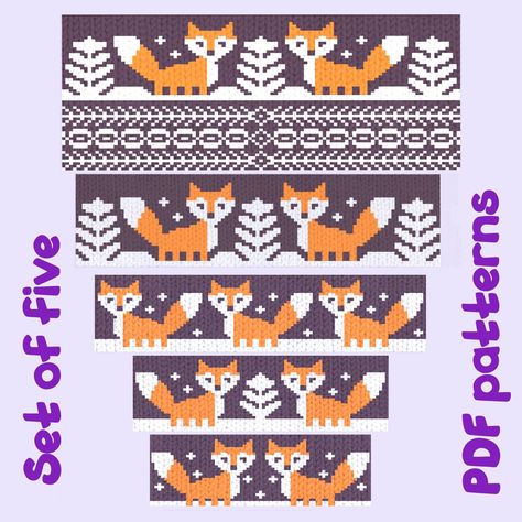 This is a cute Fair Isle fox pattern for intermediate knitters. Geometric patterns are added to fox motifs. The pattern is presented in the five PDF schemes at different widths. The pattern is easy for stranded colorwork knitting. It  is designed according to fox and tree motifs, which repeat. Using these patterns, you can create any modern Scandinavian knitting or crocheting project. Please note that only diagrams (graphics) are presented here. No instructions or tutorials are included. You will receive a link to download two charts in PDF format. Your files will be available to download once payment is confirmed. If any problems take place when downloading, please contact me, and I'll do whatever I can to help. Other kinds of colorwork patterns can be found at https://www.etsy.com/shop/M Fair Isle Charts Nordic, Christmas Tree Knitting Chart, Knitting Charts Animal, Colorwork Knitting Charts, Fox Knitting Pattern, Fair Isle Crochet Pattern, Stranded Colorwork Knitting, Fair Isle Knitting Patterns Free, Scandinavian Knitting