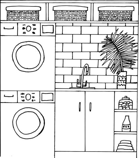 Laundry room interior coloring page. Vector laundry space interior. Washing machine, laundry basket, sink, vase, towels, brick wall. Coloring book for children and adults. Laundry Room Drawing, Laundry Drawing, Laundry Room Interior, Tk Logo, Sink Drawing, Paper Cow, Laundry Room Colors, Collage Material, Master Thesis