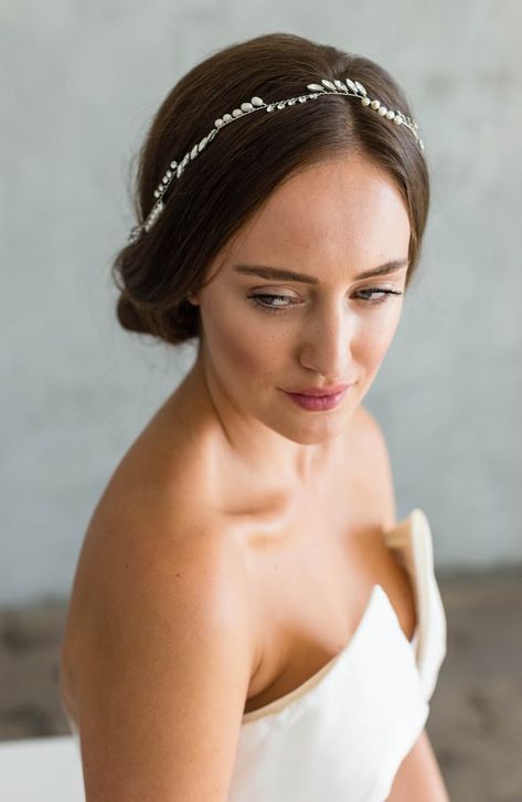 Hand-wired crystals and pearls form a delicate, leaf-like headband that adds the perfect finishing touch to your bridal look. This is an affiliate link product, any purchase will result in a small compensation to me at no charge to you. Usa Wedding, Bride Hair Pins, Halo Style, Wedding Suite, Wedding Dress Accessories, Bridal Look, Keepsake Box, Pearl Size, Bride Hairstyles