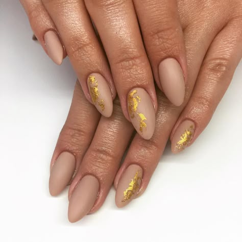 #nail #nails #nailac #gel #gelnails #gelmanicure #nailart #nailsart #nailstagram #nailsdone #nailswag #nailsdid #naildesign #mate #matt #mattenails #gold #bling #nude #nudenails via ✨ @padgram ✨(http://dl.padgram.com) Beige Nails With Gold Foil, Brown Nails Gold Flakes, Gold Specks Nails, Matte Nails With Gold Foil, 40th Nails, Tan And Gold Nails, Nude Nails With Gold Foil, Gold Fleck Nails, Gold Matte Nails