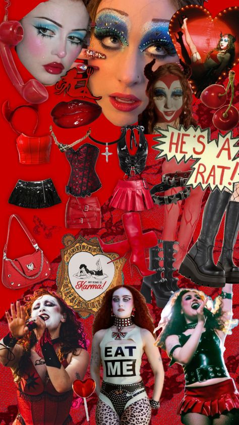 my kink is karma outfit moodboard!! #chappellroan #mykinkiskarma #mykiskarma #mykinkiskarmaoutfit Karma Outfit, Trashy 2000s Aesthetic, Concert Hairstyles, Matching Halloween Costumes, Matching Halloween, 2000s Aesthetic, Chappell Roan, Halloween Inspo, Concert Fits