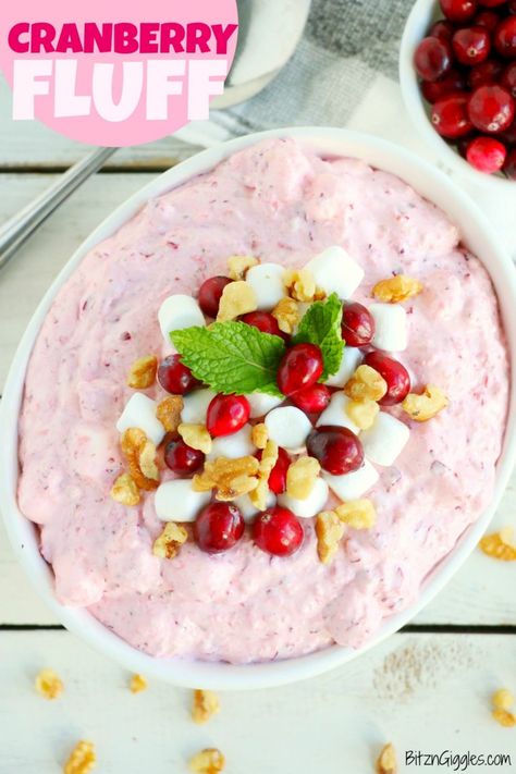 Cranberry Fluff - Tangy, chilled cranberries and sweet crushed pineapple, folded into marshmallow-filled whipped cream makes this side dish a family favorite! #bitzngiggles #cranberry #salad #Thanksgiving #sidedish #recipe #Christmas Cranberry Fluff, Peppermint Dessert, Fun Thanksgiving Desserts, Fluff Recipe, Cranberry Cream Cheese, Cranberry Cheese, Pasta Side Dishes, Winter Comfort Food, Thanksgiving Food Desserts