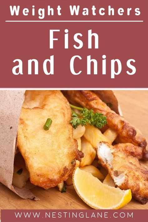 Graphic for Pinterest of Weight Watchers Fish and Chips Recipe. Weight Watcher Cod Fish Recipes, Weight Watchers Cod Recipes, Ww Cod Fish Recipes, Airfryer Fish And Chips, Ww Fish Recipes, Weight Watchers Fish Recipes, Filet O Fish Recipe, Healthy Fish And Chips, Fish And Chips Recipe