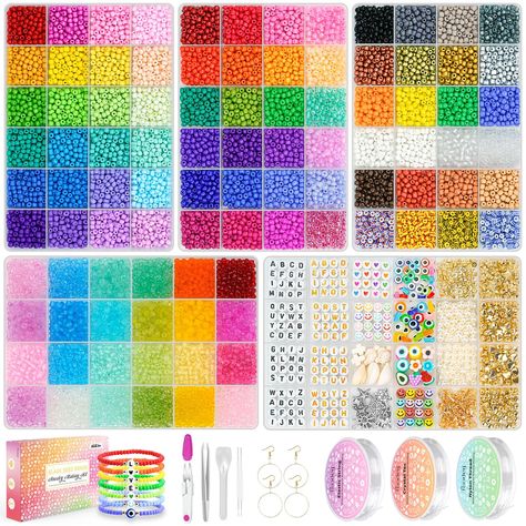 PRICES MAY VARY. ALL YOU NEED INCLUDED - This beads set includes everything you need to make jewelry, including 15500pcs 4mm glass seed beads 6/0, 400pcs letter beads, heart beads, evil eye beads, white shells and golden accessories in different styles. Jump rings, buckles, lobster buckles, scissors, tweezers, threading needles and crystal/nylon threads are also included. PREMIUM QUALITY - The seed beads are made of glass, smooth and shiny. The high-quality materials are comfortable to wear and Friendship Bracelet Kit, Bracelet Kit, Friendship Bracelets With Beads, Bracelet Kits, Jewelry Making Kit, Small Beads, Square Bead, Bead Kits, Crafts For Girls