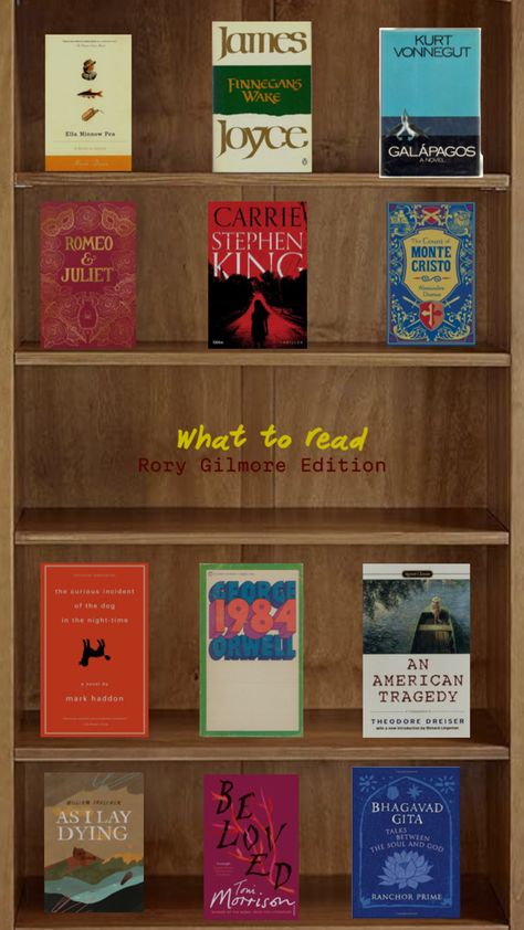 These are just a few of the books mentioned in Gilmore Girls. They are the most prolific readers ever seen on television. Ella Minnow Pea, 1984 Orwell, Finnegans Wake, Kurt Vonnegut, Girl Memes, Rory Gilmore, What To Read, Gilmore Girls, Books