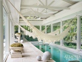 Built In Hammock, Boxwood Garden, Blue Shutters, Design Atelier, Charleston Homes, Stucco Walls, Blue And White Vase, Circa Lighting, Atlanta Homes