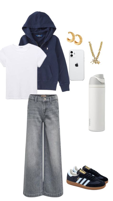 Basic navy outfit with hoodie and wide leg grey jeans + jewlery and accessories Wide Leg Grey Jeans, Outfit With Hoodie, Grey Wide Leg Jeans, Navy Outfit, Navy Hoodie, Grey Jeans, Jean Outfits, Wide Leg Jeans, Leg Jeans