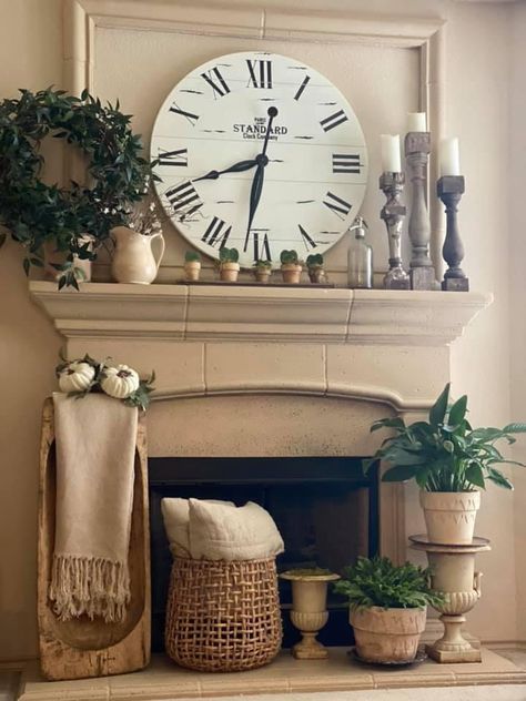 Mantle With Clock, Clock On Mantle, Giant Clock, Mantel Ideas, Fireplace Mantle Decor, Fireplace Makeover, Large Clock, Fireplace Mantle, Mantle Decor